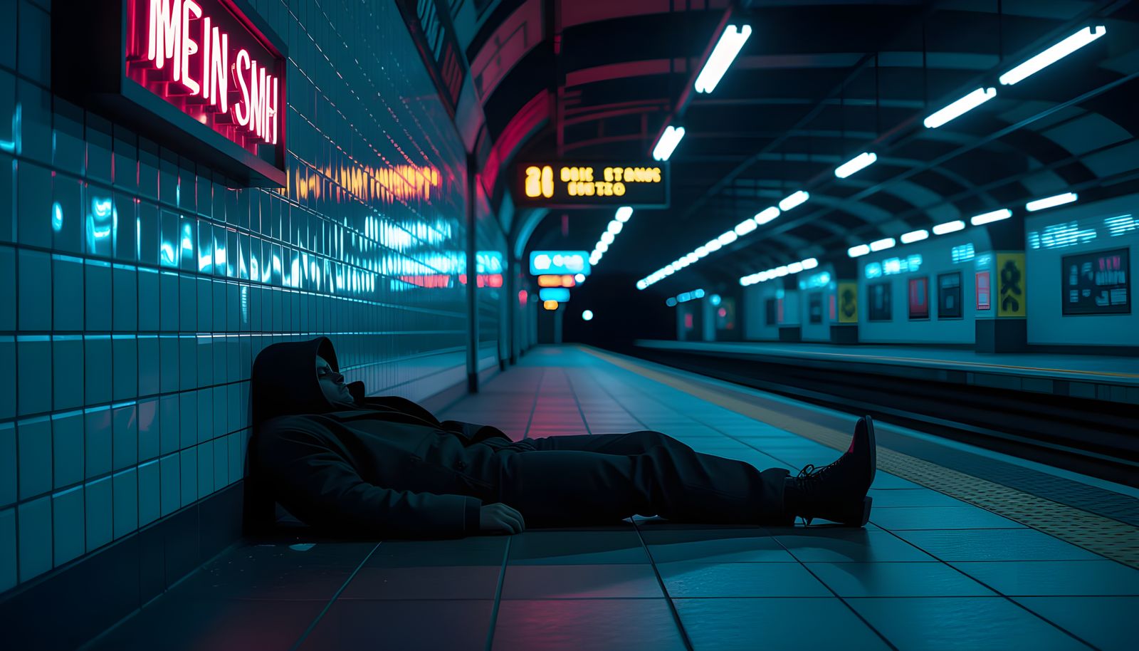 Solitary Sleeper in Neon-Lit Subway Station