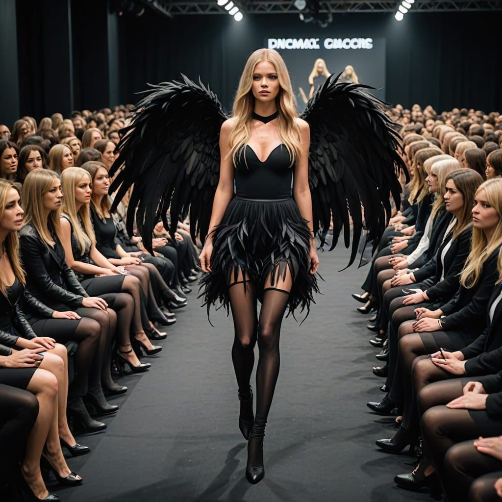 Young Women Admire Model with Angel Wings on Catwalk