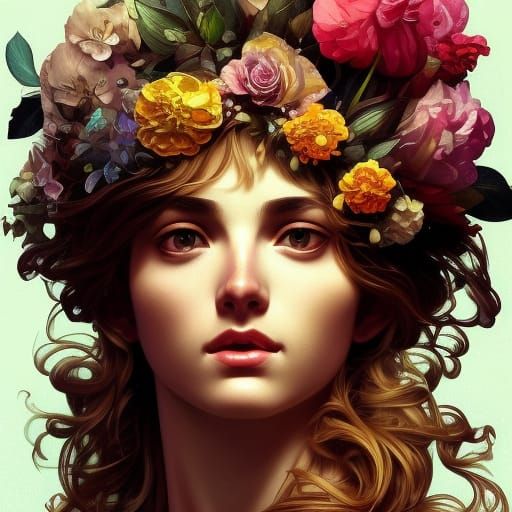 Flora, Roman Goddess Portrait in Art Nouveau Style