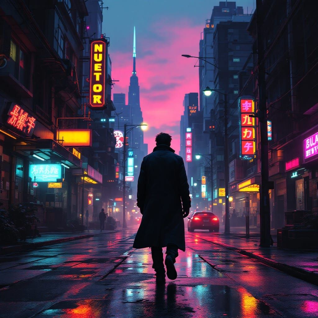Cyberpunk Walker in a Dystopian Cityscape