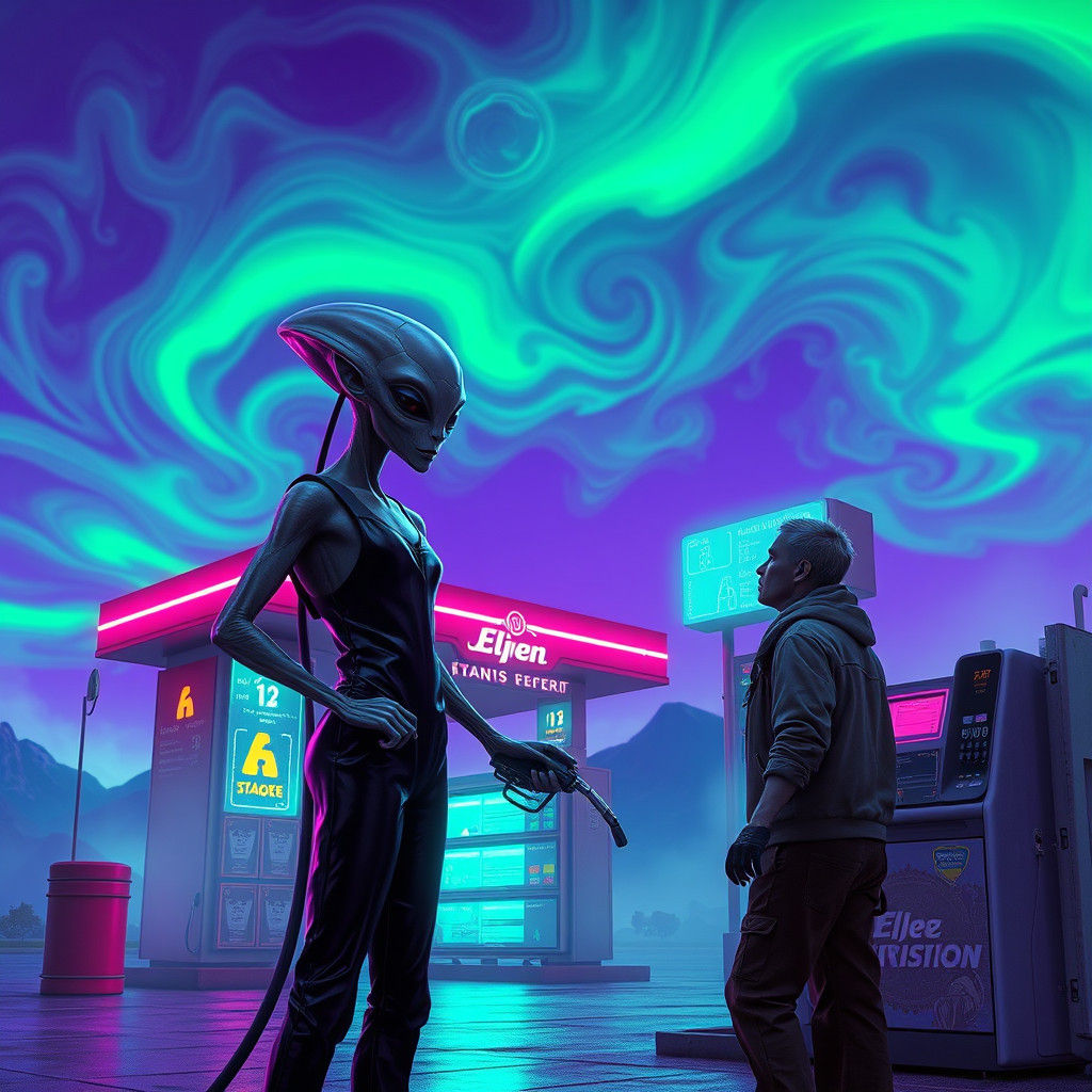 Alien Gas Station: Surreal Sci-Fi Scene in 8k