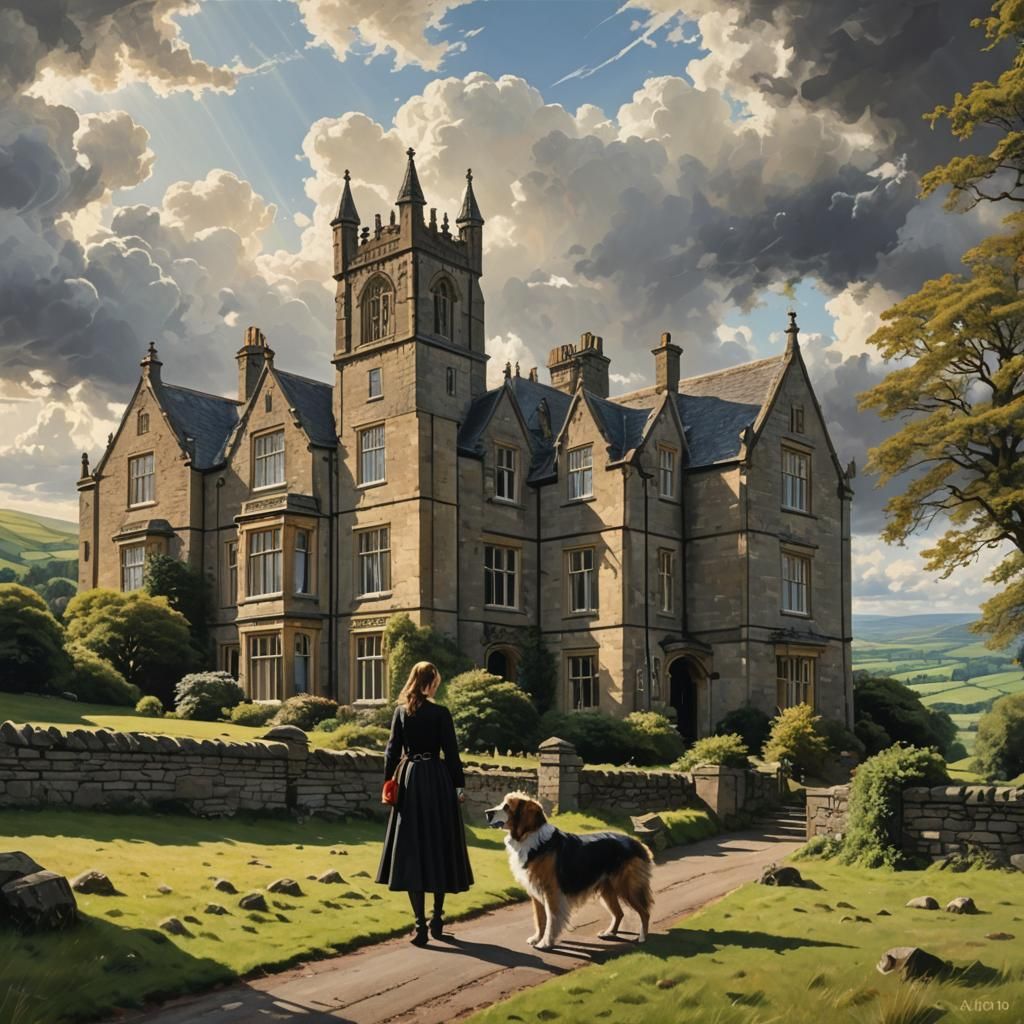 Gothic Yorkshire House With Woman and Dog
