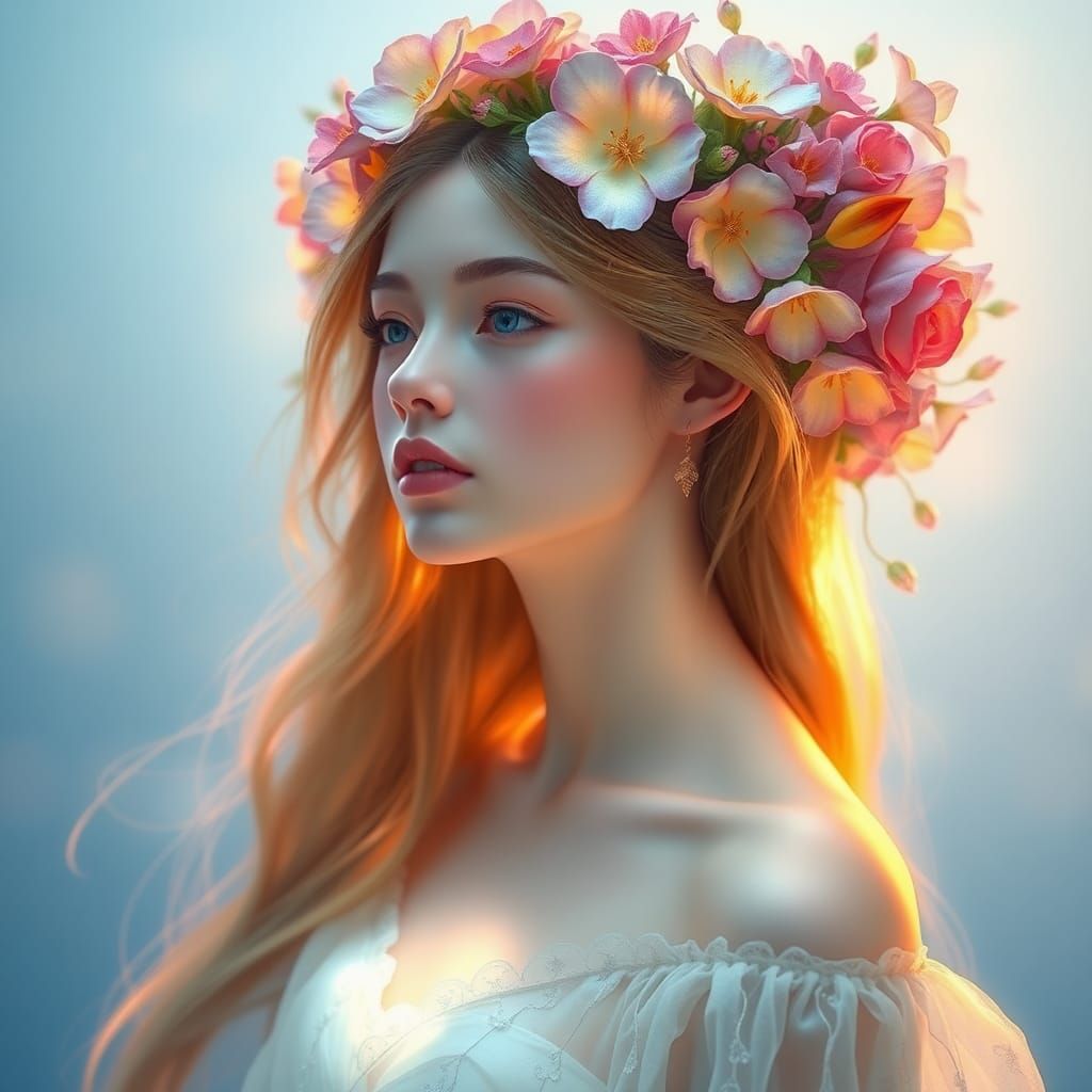 Radiant Woman with Floral Crown in Ethereal Style
