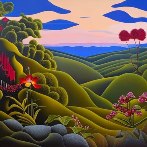 Abstract Expressionist Landscape with Mountains and Forests