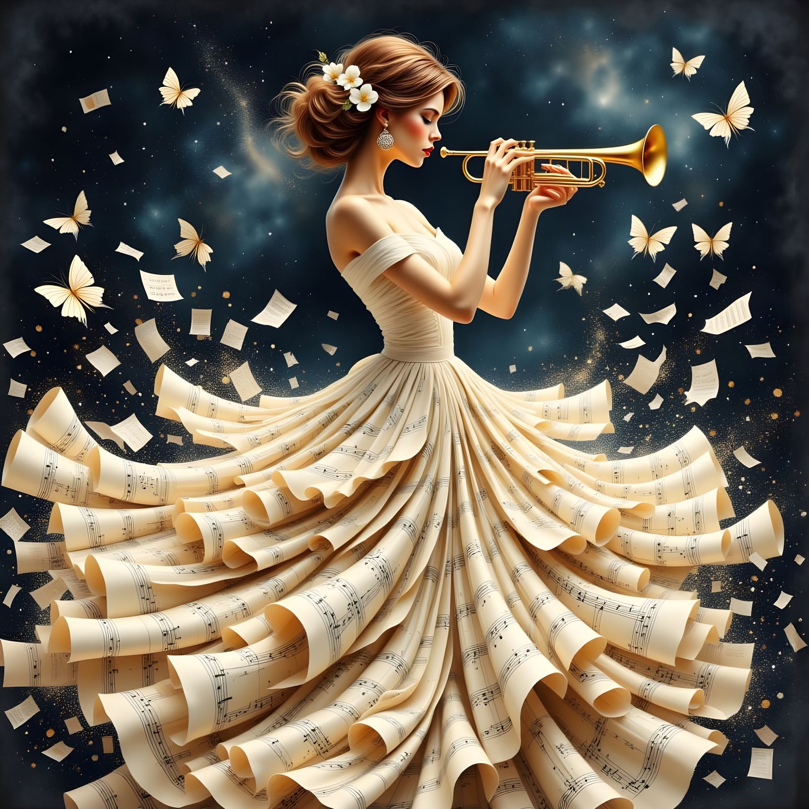 Woman Plays Golden Trumpet in Musical Notes Dress