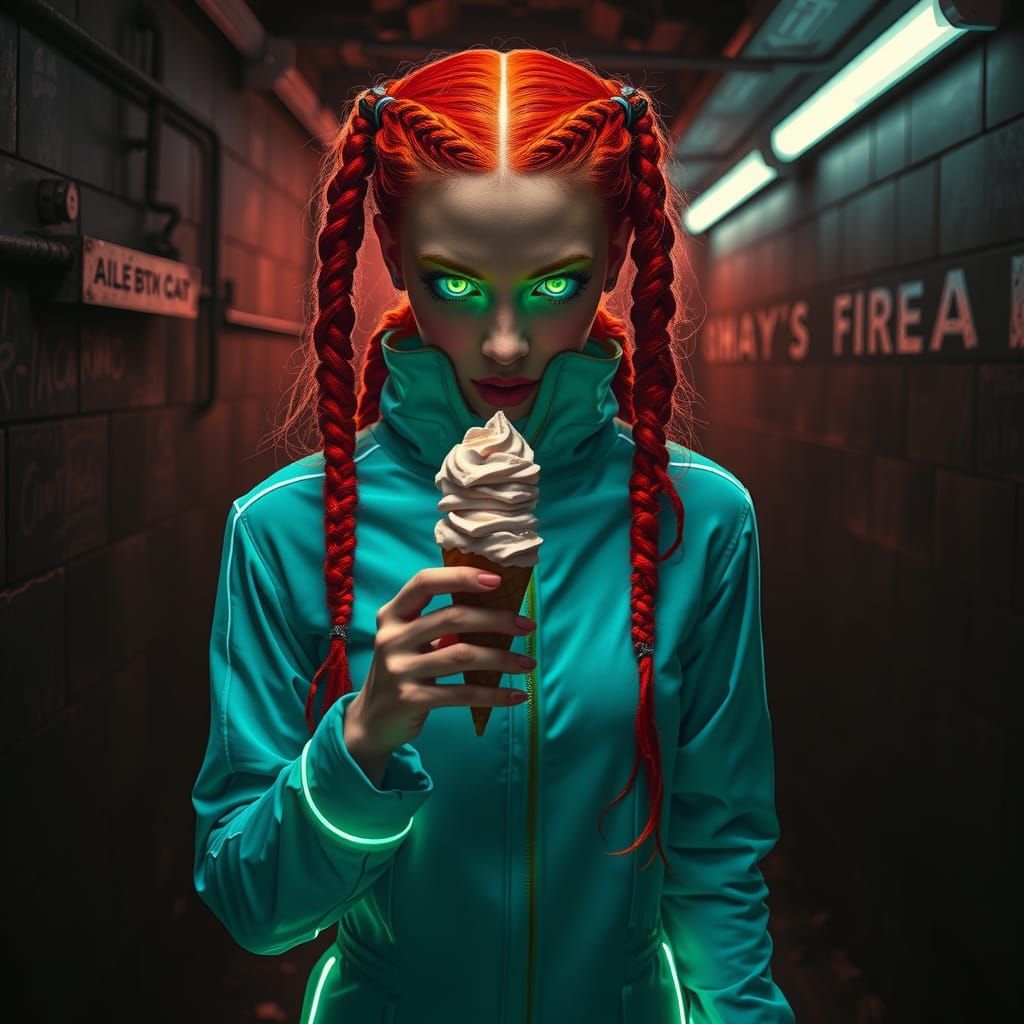 Ginger Braid Woman in Cellar, in Neon Sci-Fi Style
