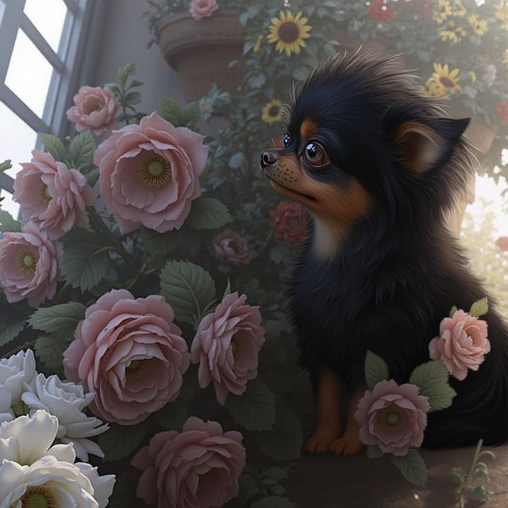 Chihuahua in a Garden of Roses and Sunflowers