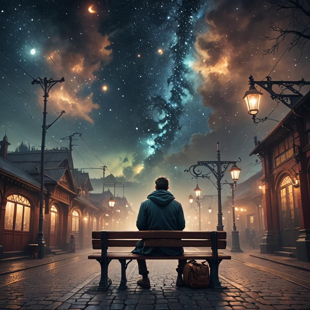 Man Gazing at Starry Night Sky in Fantasy Landscape