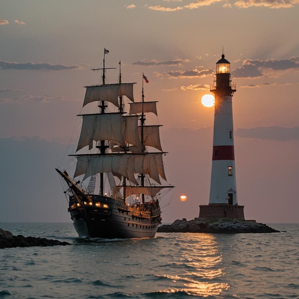 pirate ship sailing past a lighted lighthouse with the last ...