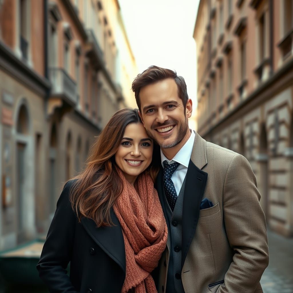 Canaletto-Inspired Couple Embracing in Golden Venice
