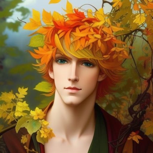 Handsome Autumn Fairy Man in Pumpkin Patch
