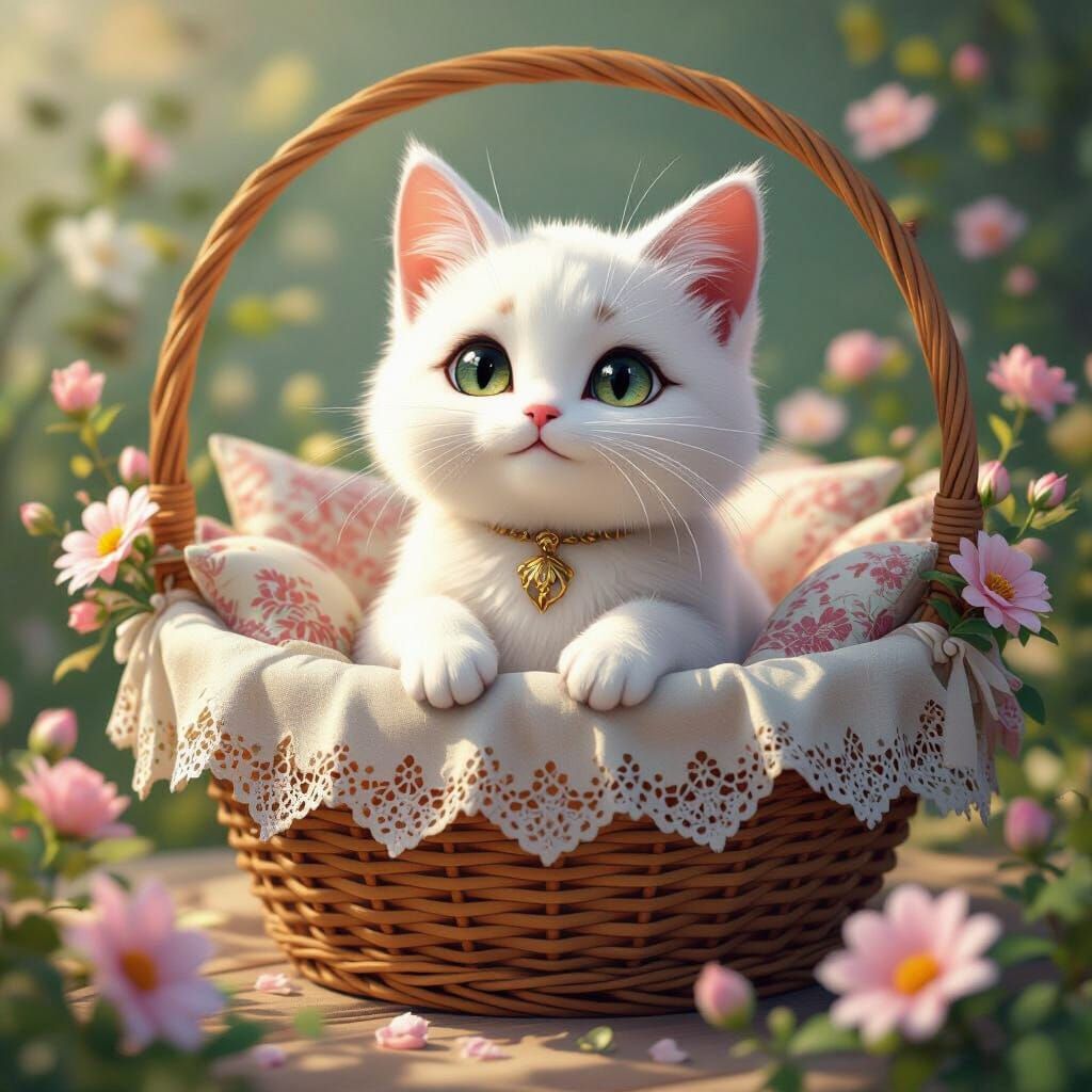 White Cat in Basket: Vibrant 3D Anime Art