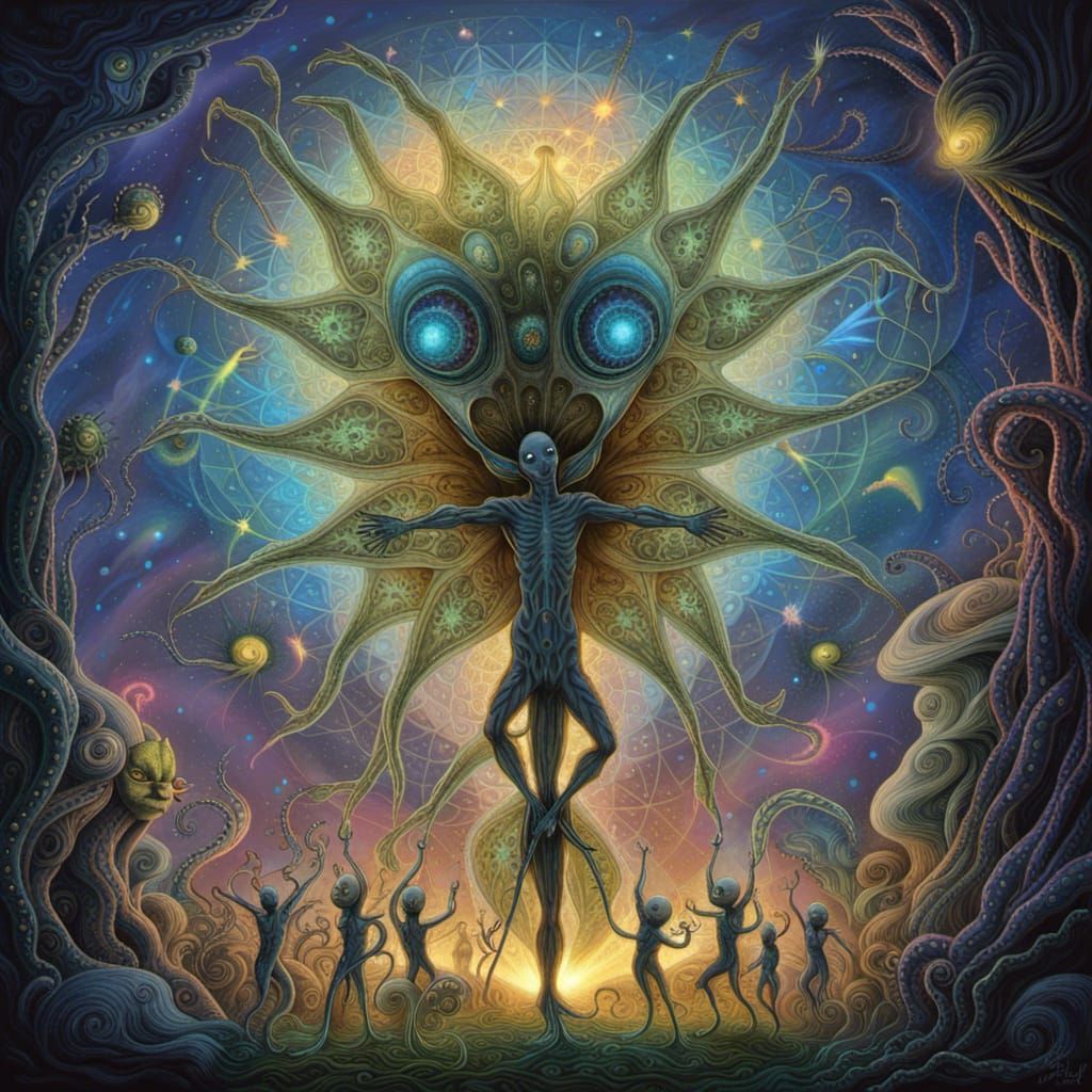 Aliens Dancing Around Wind Turbine in Cyberpunk Style