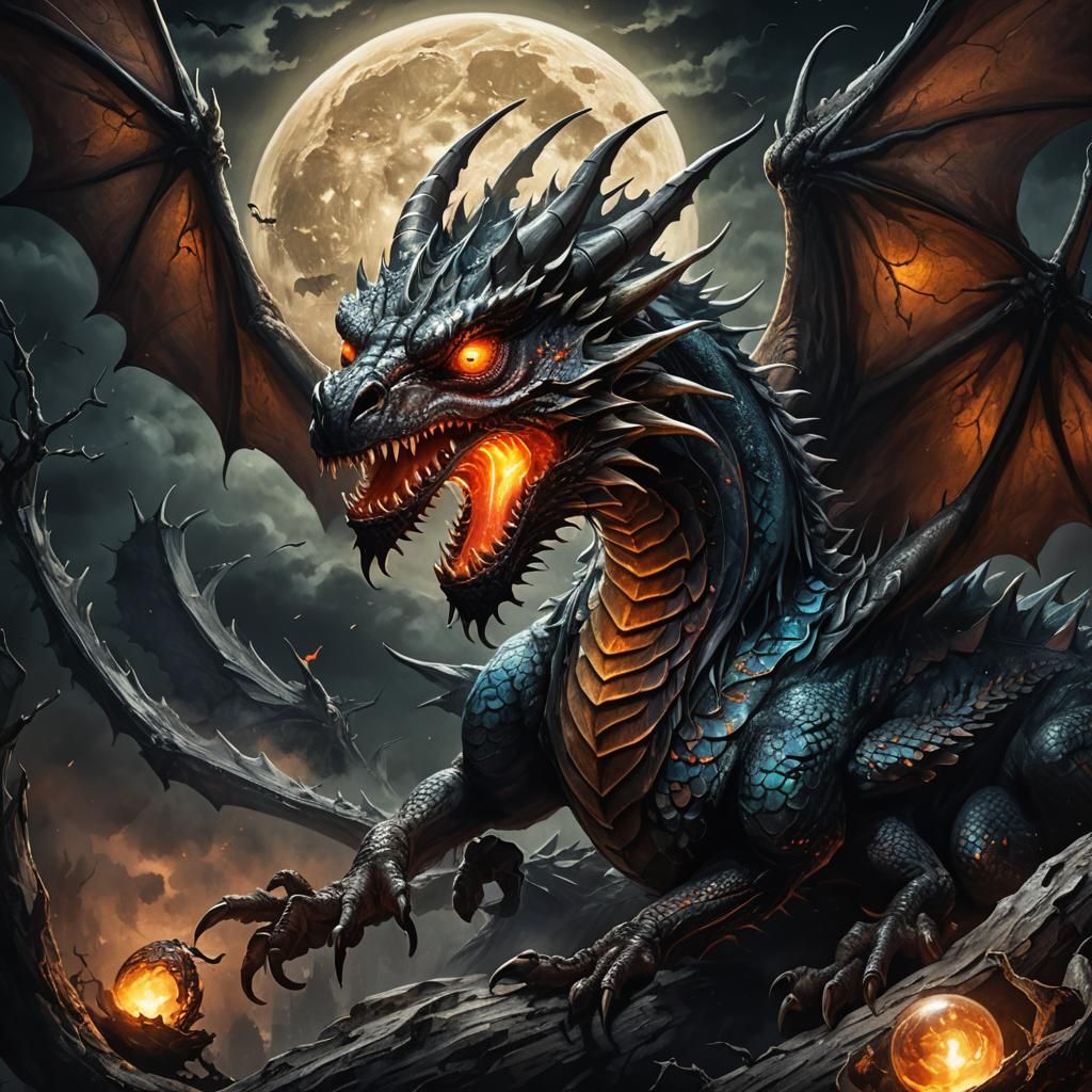 Majestic Fire-Breathing Dragon Lays Egg: Dark Fantasy Illust...