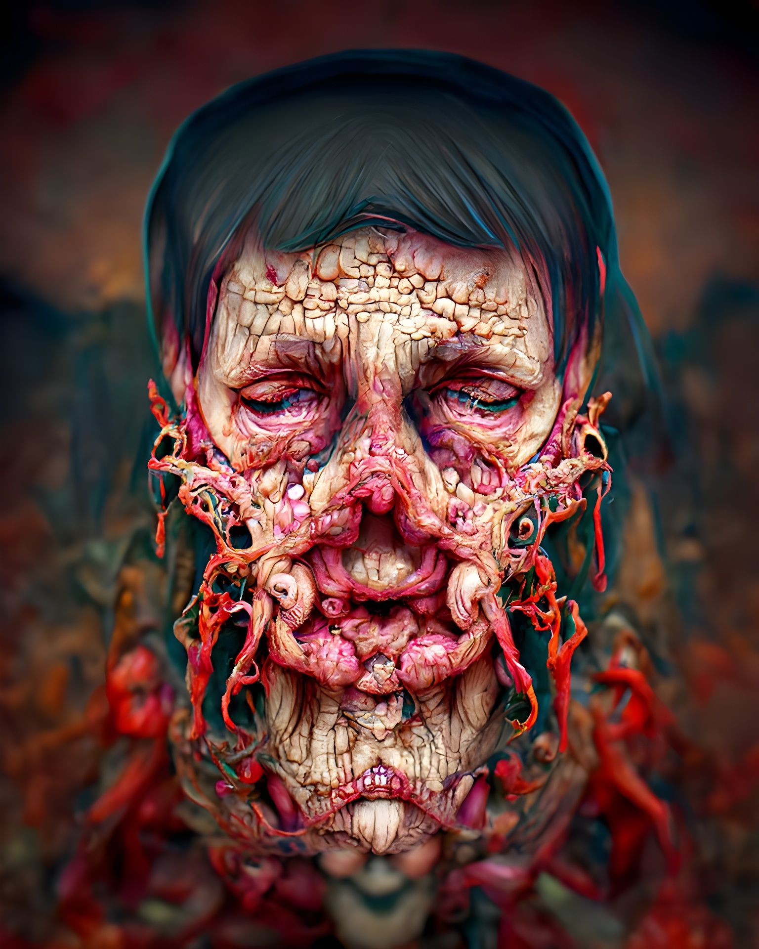 Horrific Decaying Face Portrait in Biopunk Style