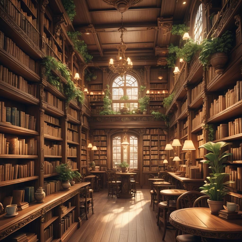 Warm Anime Cafe-Library Interior in 8k