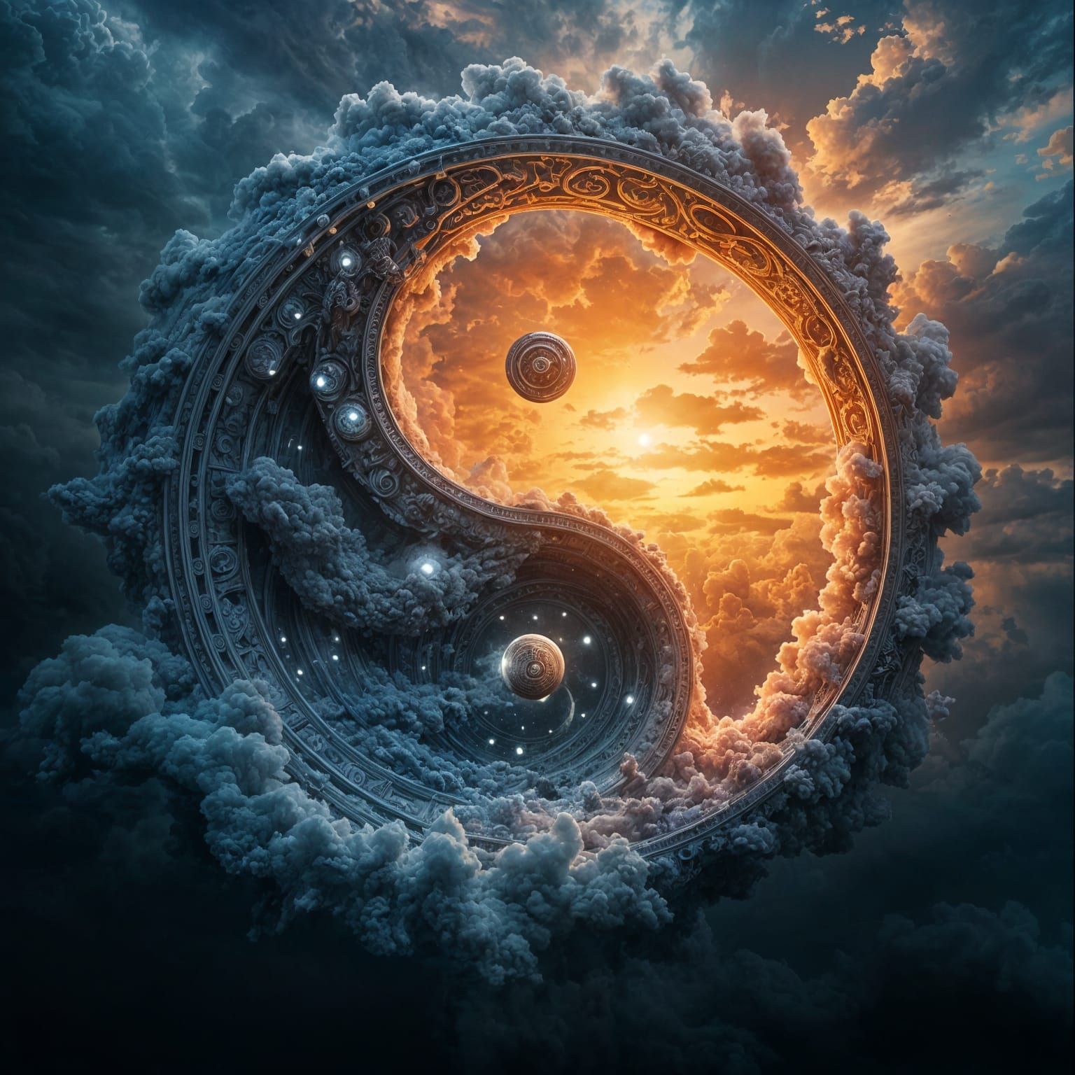 Yin Yang Symbol: Storm and Sunset in Digital Art