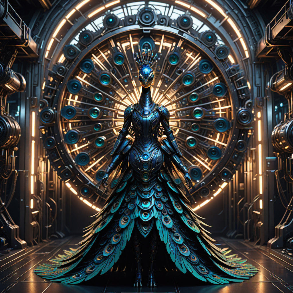 Mechanical Peacock Inspired Robot in Futuristic Landscape