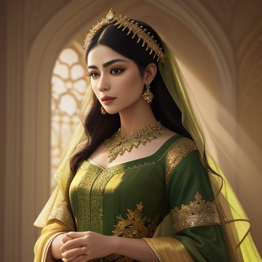 Woman in Green and Gold Gown: Vibrant Oil Painting