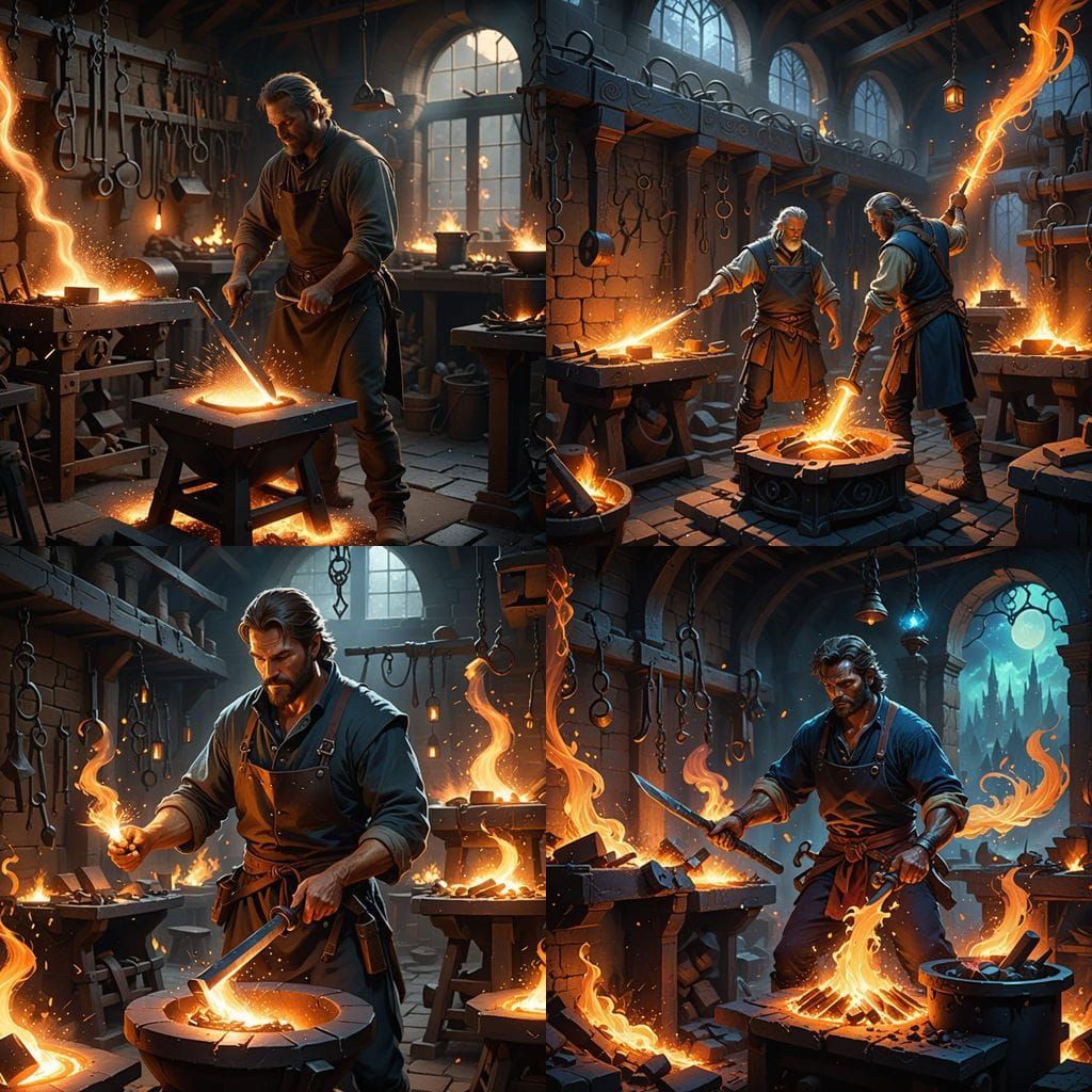 Magical Blacksmith Forging in Enchanted Workshop