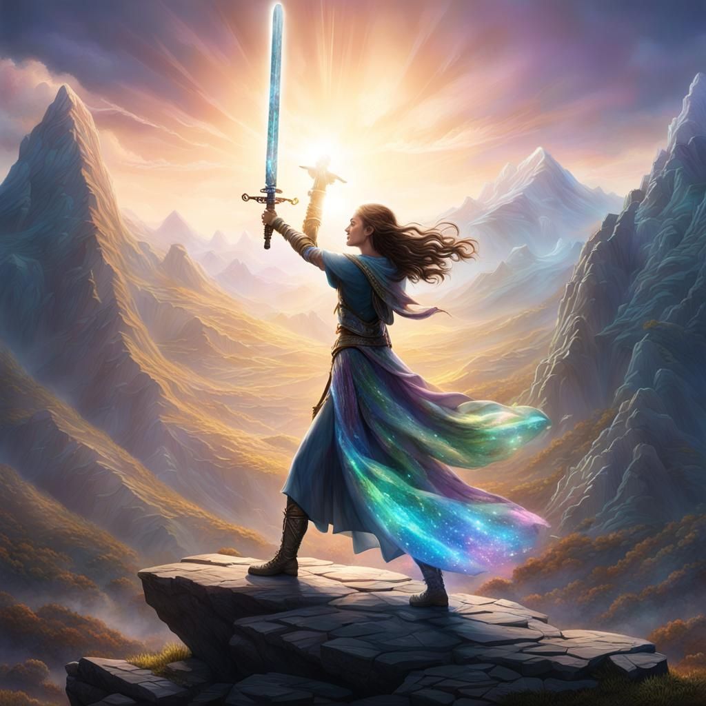 Girl Triumphantly Pulls Iridescent Sword from Stone