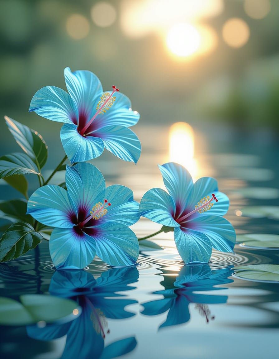 Emerald and Sapphire Crystal Hibiscus Flowers on Pond