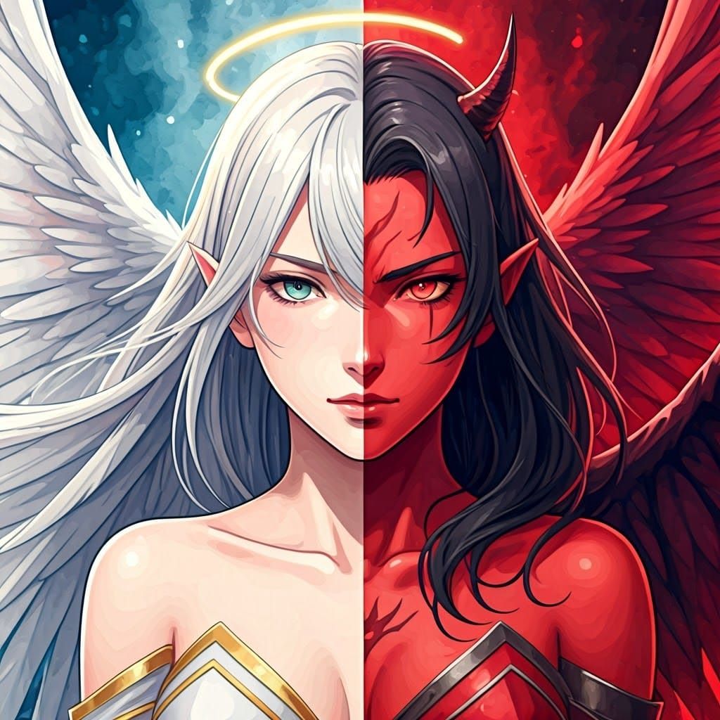 Benevolent Angel and Malevolent Devil in Vibrant Watercolor