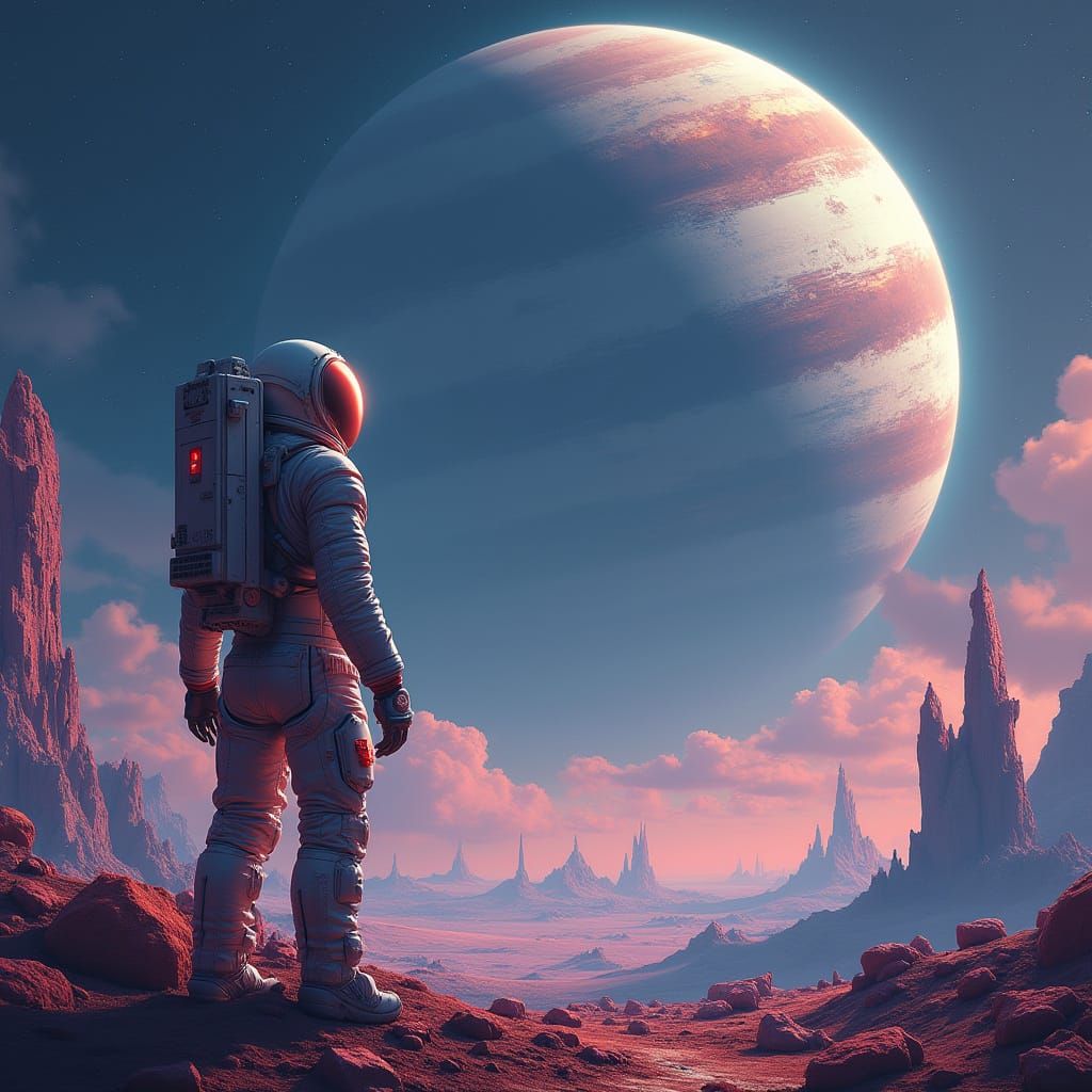 Astronaut on Alien Planet with Ringed Gas Giant