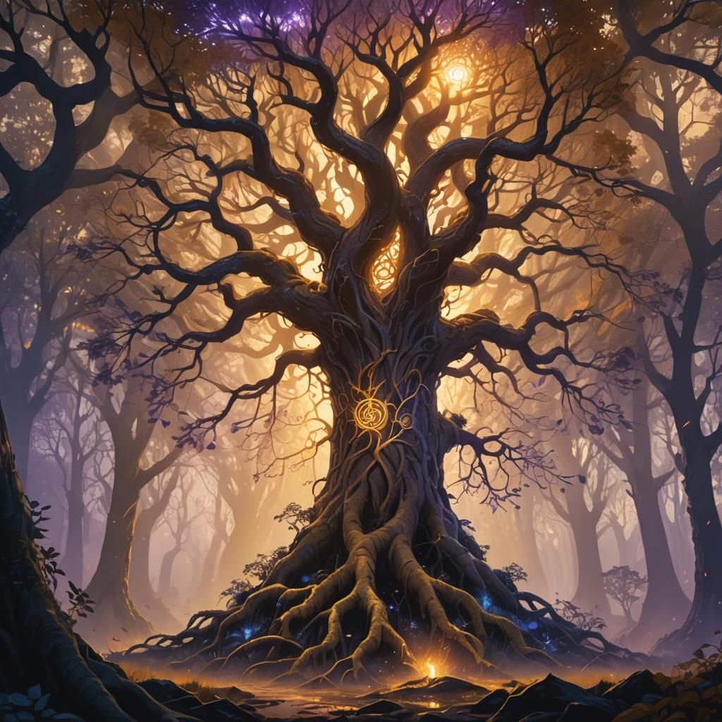 Yggdrasil World Tree in Mystical Forest, Fantasy Art