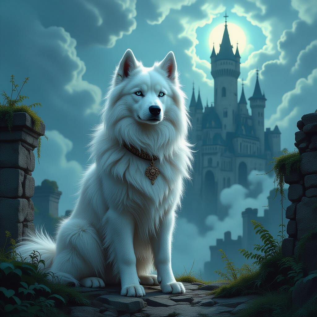 Ethereal White Dog Guardian of an Ancient Castle