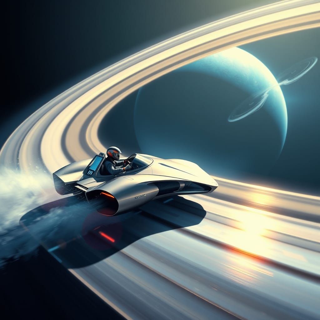 Futuristic Car on Saturn Rings in 3D Rendered Style
