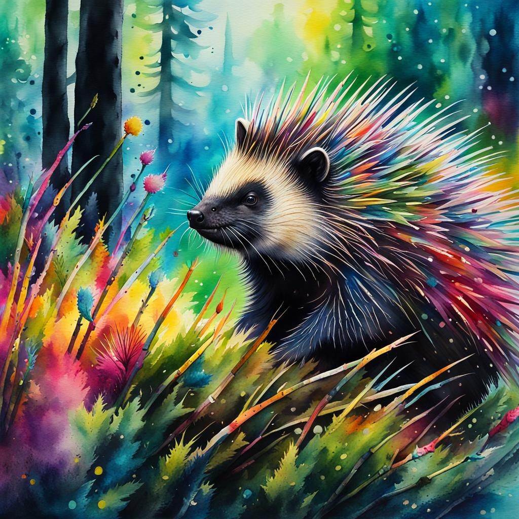 Surreal Watercolor Porcupine in Whimsical Forest