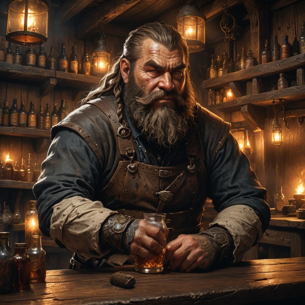Rugged Dwarf Tavern Owner Portrait in Dark Fantasy Style