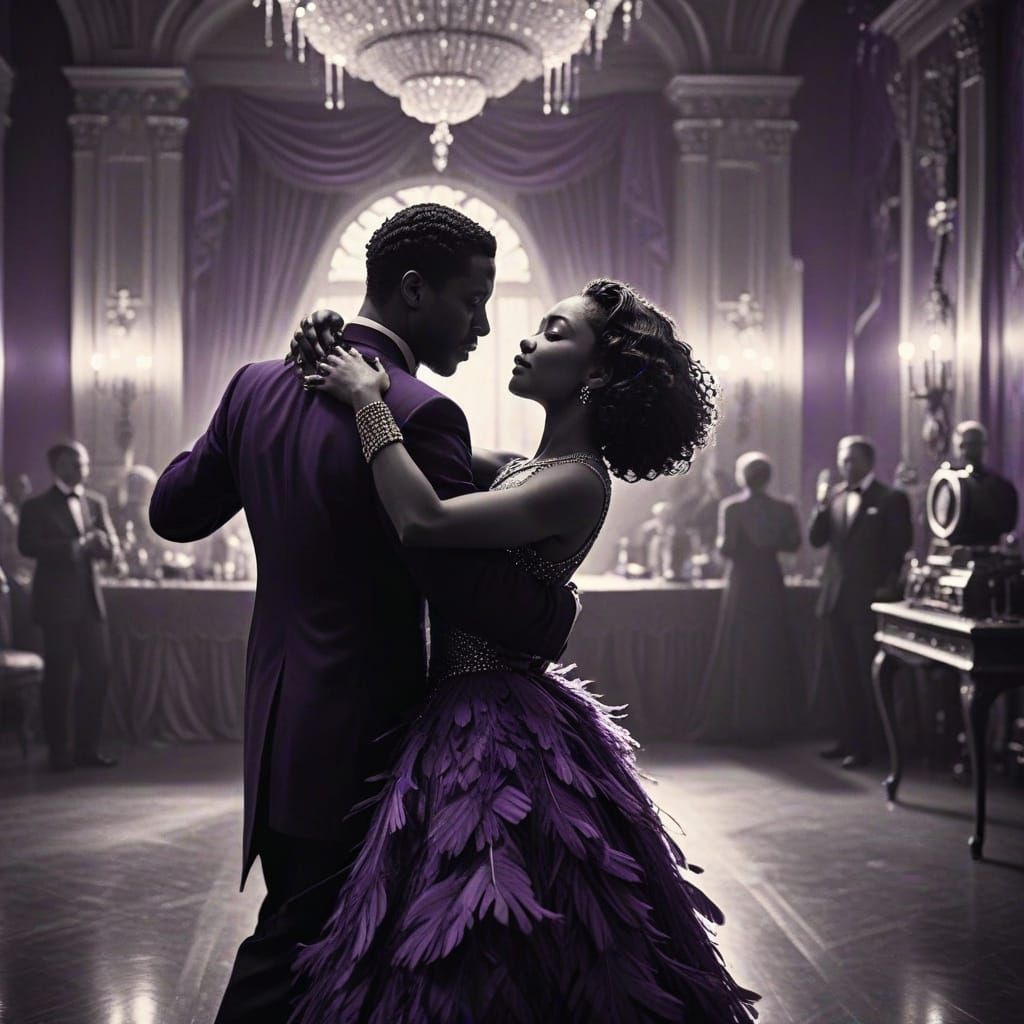 In a grand, chandelier-lit ballroom, a regal Black couple glides across the polished floor, captured in a frame reminisc...