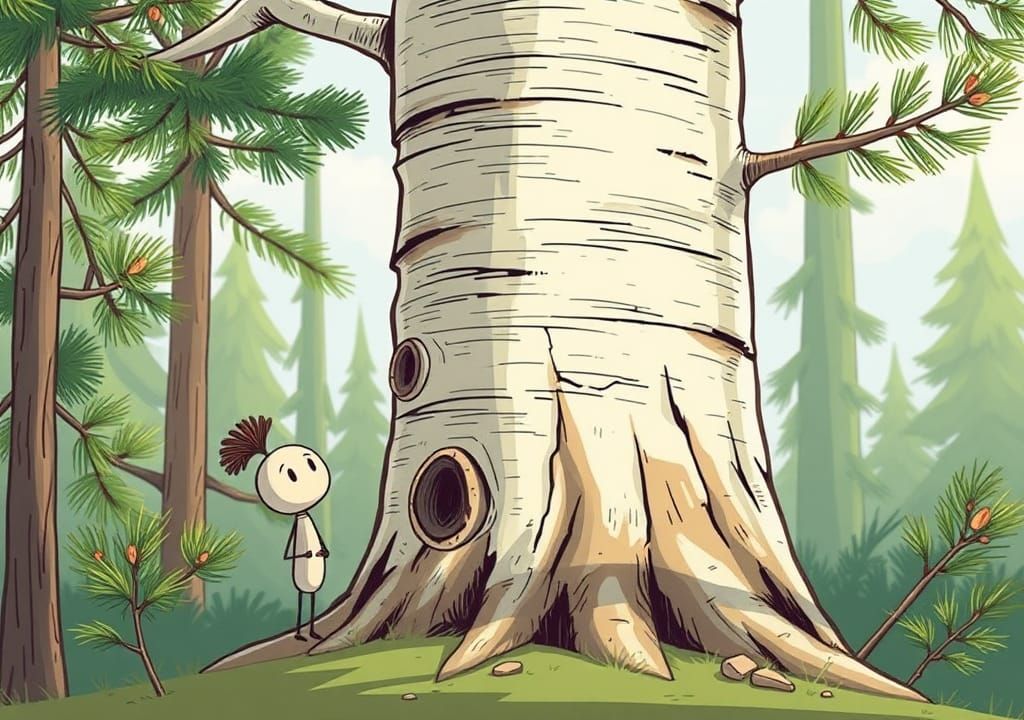 Cartoon Pine Tree Decorated with Birch Bark