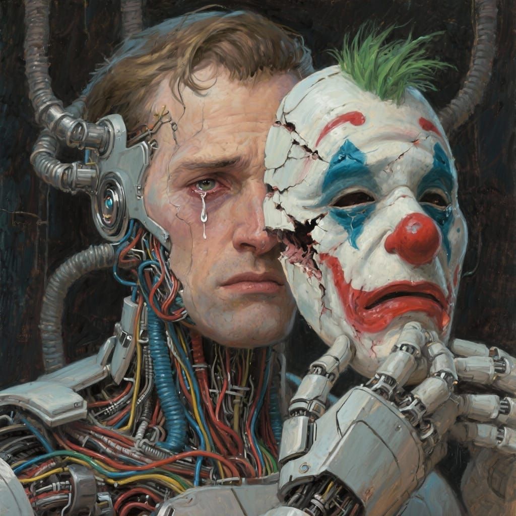 Cyborg Clown Mask Reveal: Sadness and Exposed Circuits