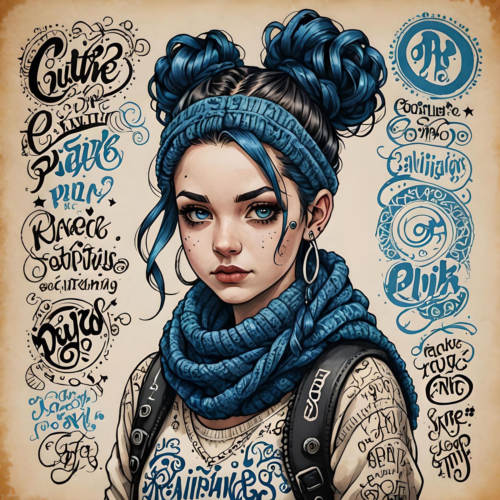 Detailed Calligraphic Ink Lettering with Punk Girl