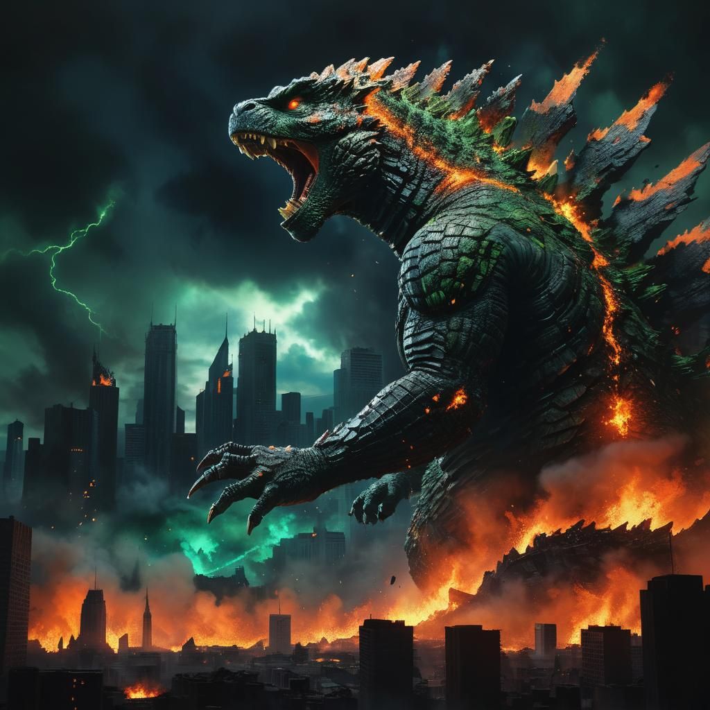 Godzilla Roars in a Destroyed City: Matte Painting