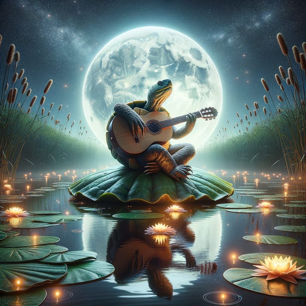 Turtle's Starlit Serenade: Digital Realism in a Pond