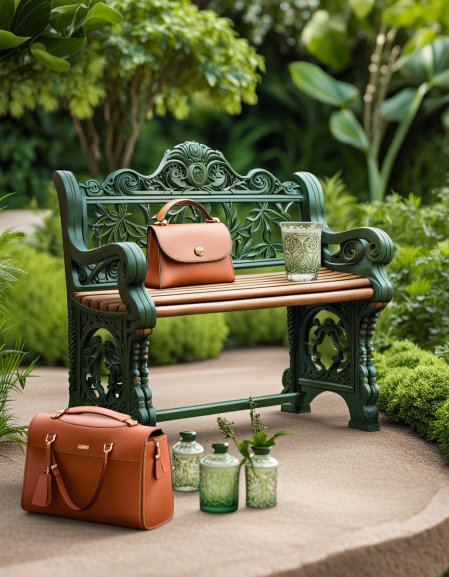 Serene Park Bench with Stylish Bag and Shot Glass