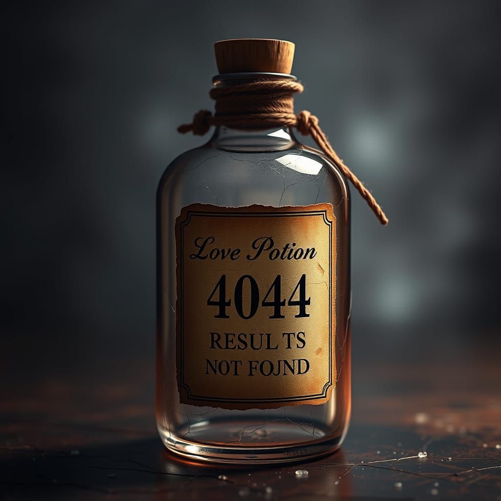 Whimsical Love Potion Bottle with Faded, Peeling Label in Da...
