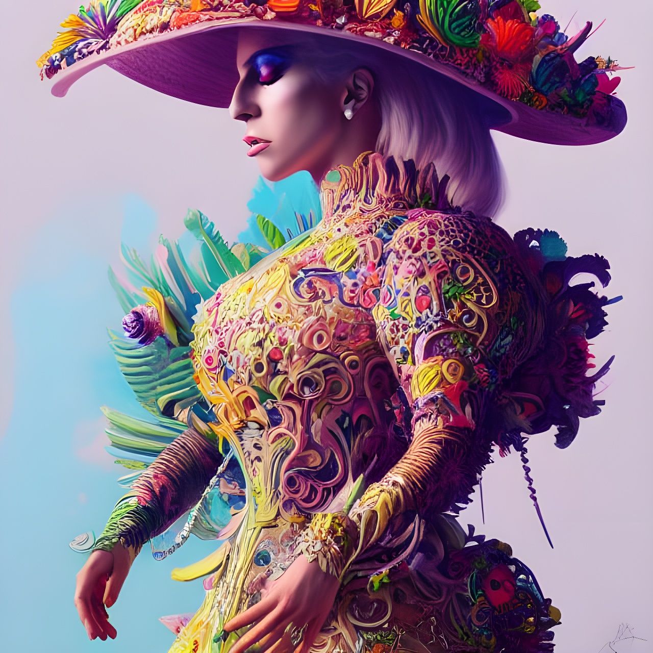 Lady Gaga in Fruit Dress: Maximalist Art Nouveau Portrait