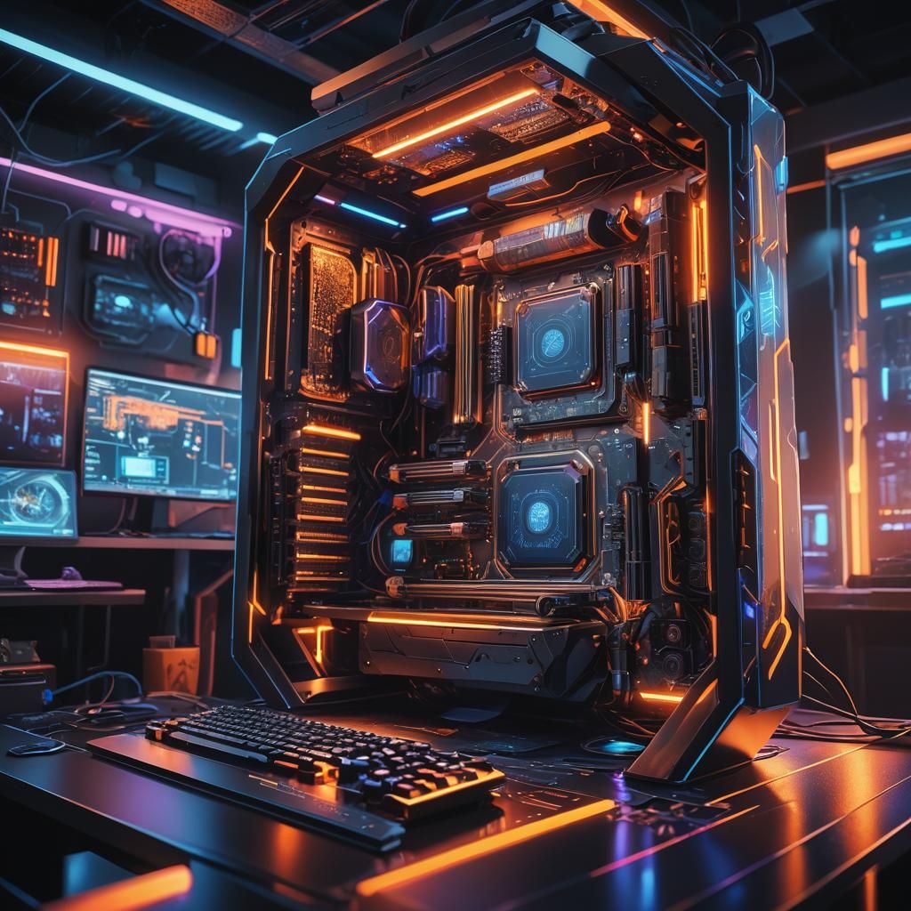 Futuristic Gaming Computer in Dimly Lit Room
