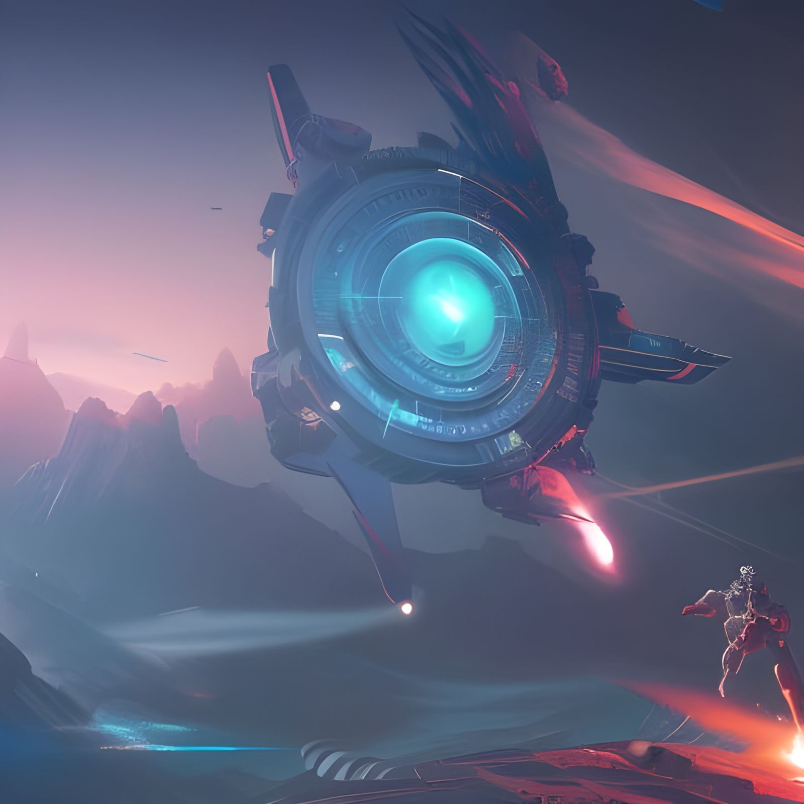 Superhero Battles Turbines in Space: Detailed Matte Painting