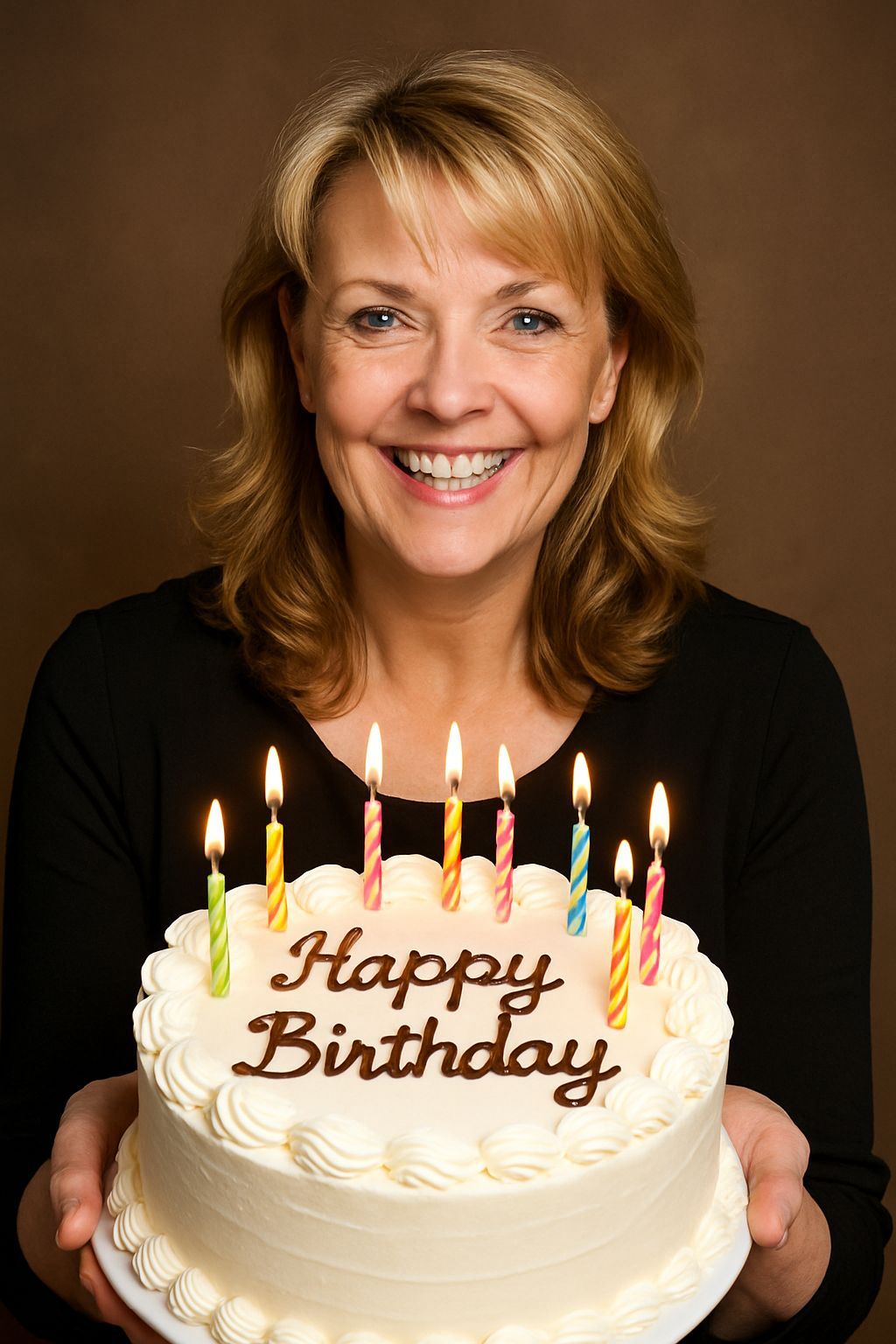 Amanda Tapping Smiling with Birthday Cake