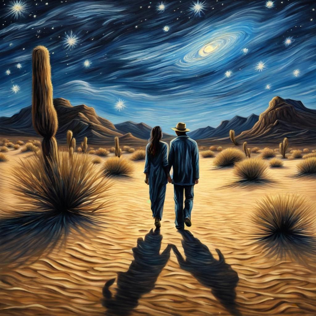 Desert Night Couple in Van Gogh Style
