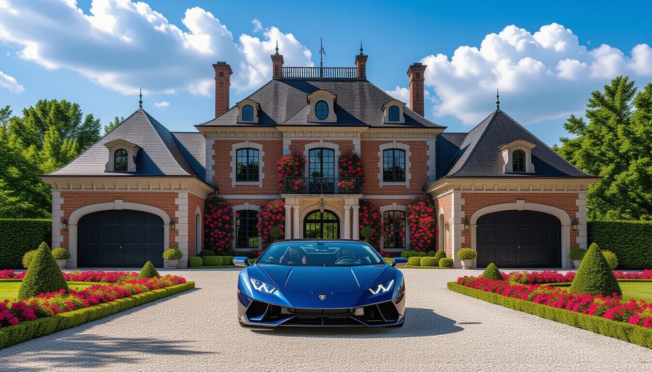 Grand Chateau and Lamborghini with Vibrant Garden