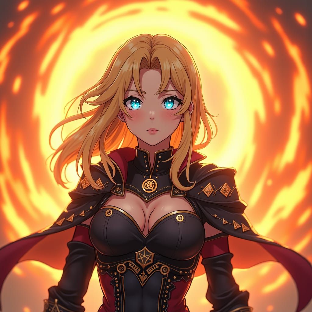 Heroic Blonde Woman Amid Flames in Anime Style