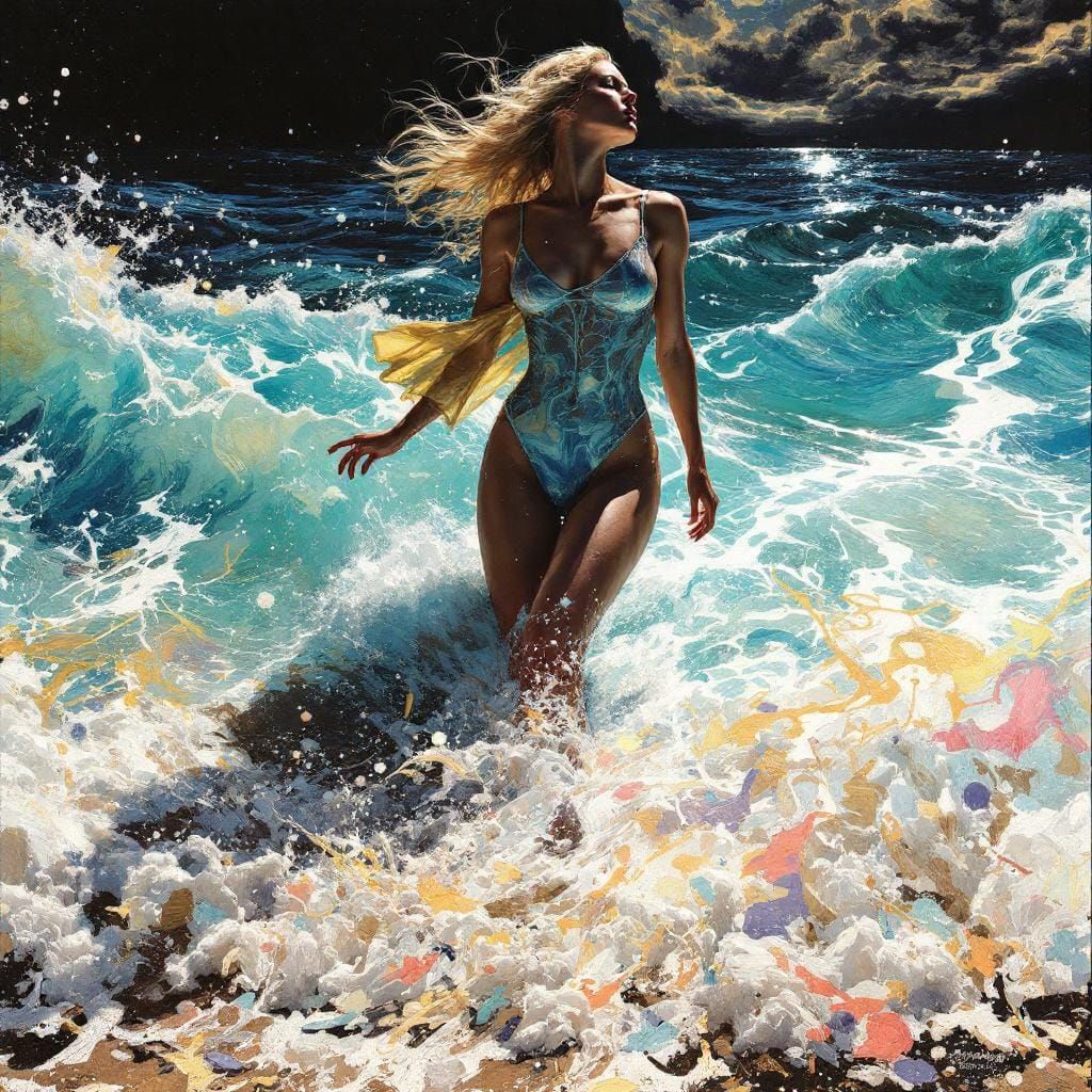 Pin-Up Girl in Van Gogh-Inspired Cyberpunk Style