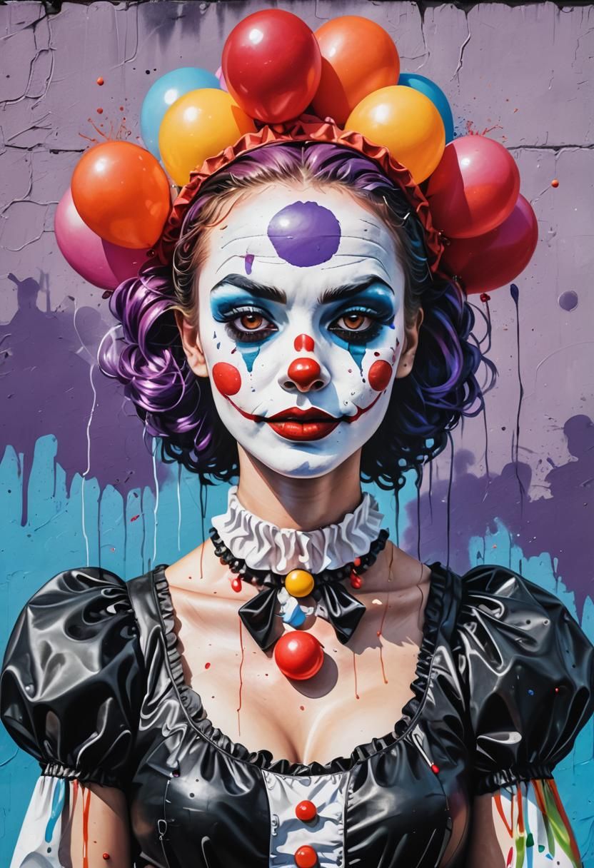 Clown Woman Portrait in Vibrant Graffiti Street Art